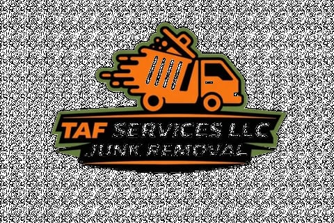 TAF Services LLC Junk Removal logo featuring an orange truck with speed lines on a dark green banner